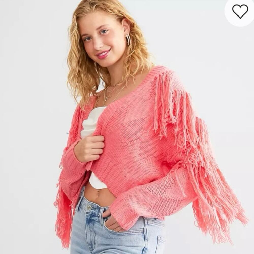 NWT BaeVely Pink Fringe Open Front Sweater Cardigan‎ Women's M Oversized - Picture 2 of 6